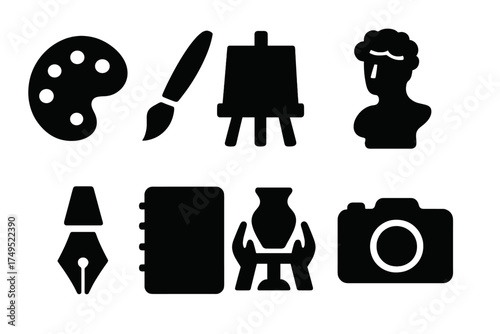 Adult Creativity Icons. Adult Creativity. Filled icon set of Adult Creativity: oil palette, brush, easel,