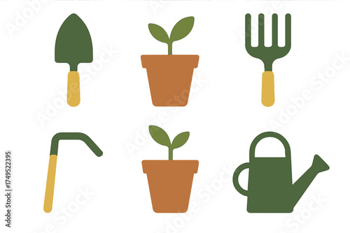 Essential gardening tools set including trowel, hand fork, hoe, watering can, and potted seedlings