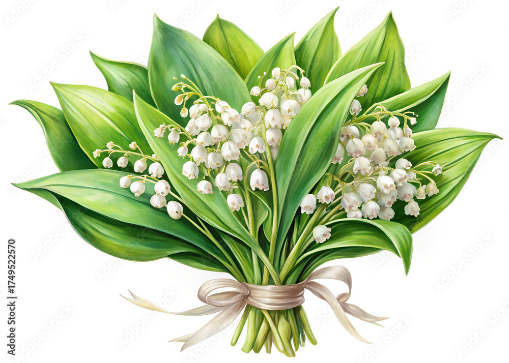 Fototapeta premium Delicate lily-of-the-valley bouquet, hand-painted style, isolated on white