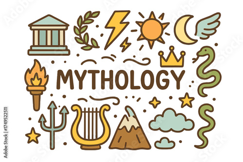 Mythology Doodle Illustration. Mythology. Hand-drawn doodle illustration of Mythology. temple, laurel wreath,