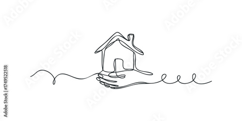 Hand holding a house with single line drawing