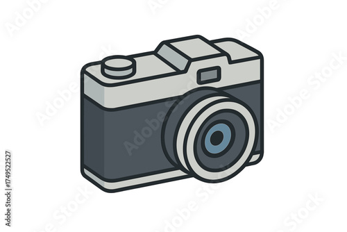 Stylized compact digital camera icon rendered in gray and dark blue colors
