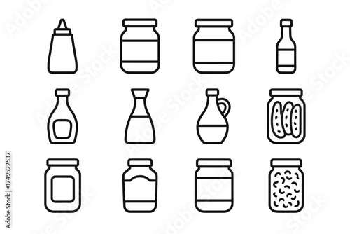 Fridge Contents Icons. Peeking into the fridge. Line outline icon set of Peeking into the fridge: ketchup