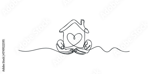 Hands cradling house with heart symbol inside