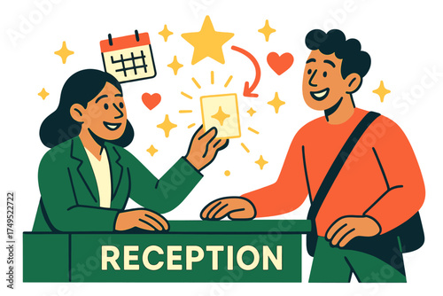 Hospitality Exchange. Reception interaction. A receptionist handing a glowing appointment card to a smiling