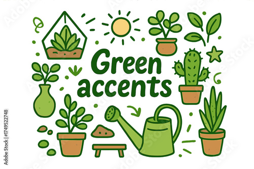 Green Accents Doodle. Green accents. Hand-drawn doodle illustration of Green accents. succulents, cactus, aloe