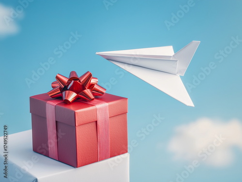 Flying Paper Airplane with Christmas Present – Festive Celebration Minimalist Stock Photo
