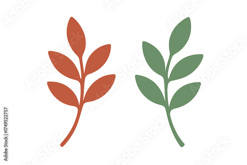 Minimalist botanical motif of two stylized branches with leaves in earthy green and terracotta