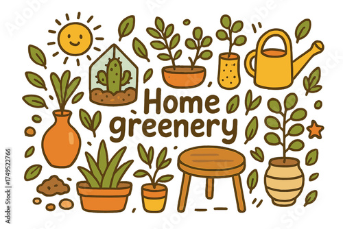 Home Greenery Doodle. Home greenery. Hand-drawn doodle illustration of Home greenery. succulents, cactus, aloe