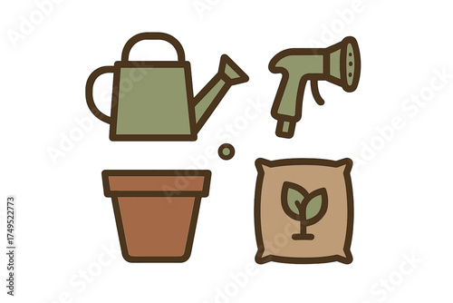 Essential gardening tools and supplies set including watering can, plant pot, sprayer, and fertilizer bag