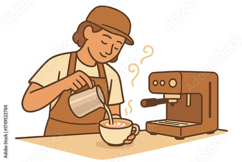 Barista pouring steamed milk into coffee cup creating latte art with espresso machine
