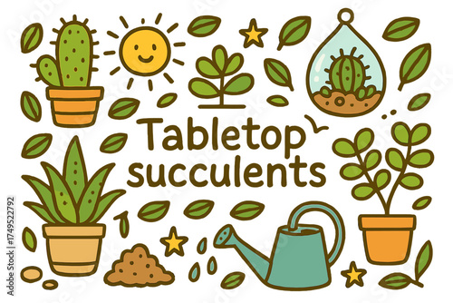 Playful Succulent Illustrations. Tabletop succulents. Hand-drawn doodle illustration of Tabletop succulents.