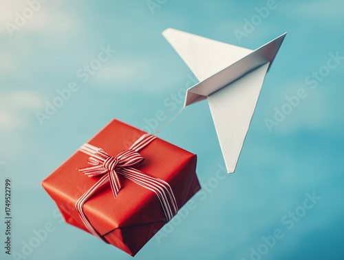 Paper Airplane with Christmas Present – Perfect Stock for Holiday Advertising