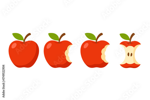 Stages of eating a fresh red apple showing whole fruit, partially consumed bites, and the final core