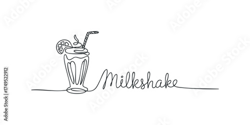 Hand drawn single line art milkshake with straw and garnish