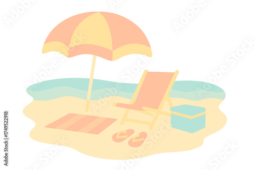 Pastel beach scene with umbrella deck chair flip flops and cooler on the sand near the ocean waves