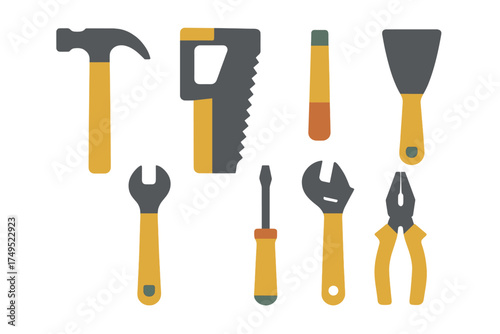 Collection of essential DIY and construction tools featuring hammer saw wrench and pliers