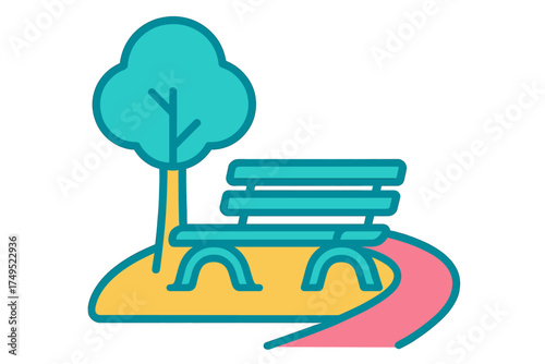 Park landscape with wooden bench, large shade tree, and curved walking path