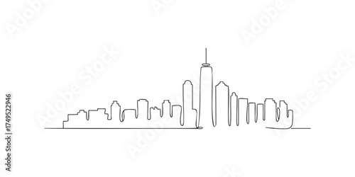 Continuous line drawing of a city skyline with skyscrapers