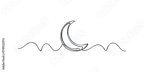 Crescent moon over wavy horizon line