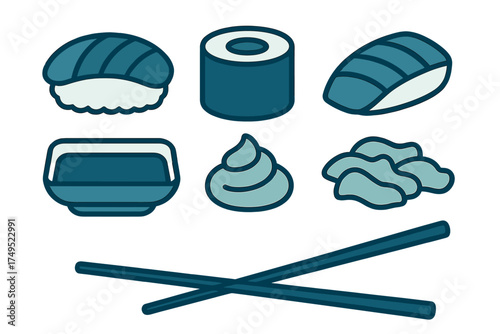 Stylized set of Japanese sushi, nigiri, maki, wasabi, ginger, and chopsticks