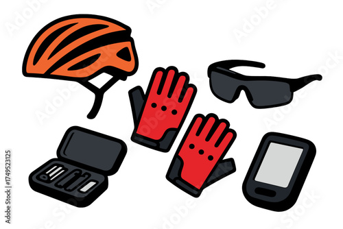 Set of essential bicycle safety equipment including helmet, gloves, sunglasses, repair kit, and GPS device