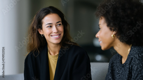 Smiling female mentor and intern talking in cozy office lounge, sharing ideas and discussing project, modern workplace and professional cooperation concept women, business, mentors
