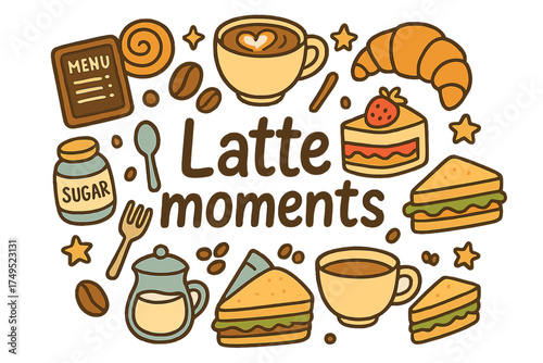 Latte Moments Doodle. Latte moments. Hand-drawn doodle illustration of Latte moments. coffee cup, latte art,
