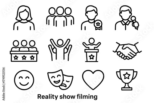 Reality Show Icon Set. Reality show filming. Line outline icon set of Reality show filming: cast members,