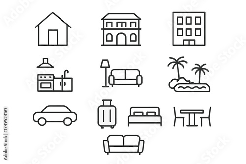 Reality Show Icons. Reality show filming. Line outline icon set of Reality show filming: house icon, villa,
