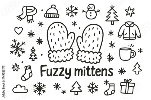 Fuzzy Mittens Doodle. Fuzzy mittens. Hand-drawn doodle illustration of Fuzzy mittens. In the middle, one