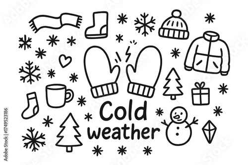 Cold Weather Doodles. Cold weather. Hand-drawn doodle illustration of Cold weather. In the middle, one