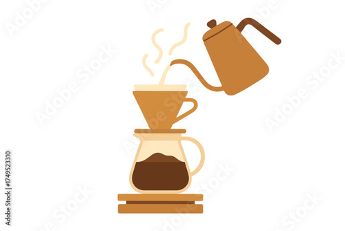 Manual pour-over coffee brewing setup with a gooseneck kettle and dripper on a glass carafe