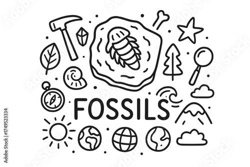 Fossil Doodle Illustration. Fossils. Hand-drawn doodle illustration of Fossils. In the middle, one slightly