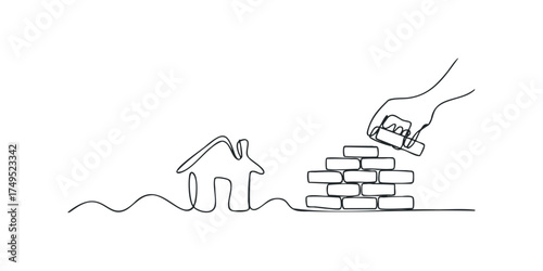 Hand building house with bricks one continuous line