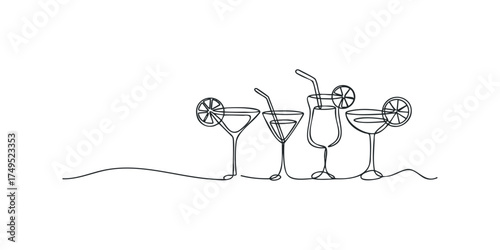 Line art depiction of various cocktails with citrus garnishes