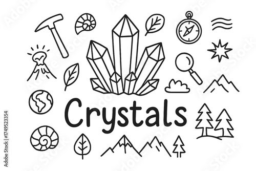 Crystal Doodle Art. Crystals. Hand-drawn doodle illustration of Crystals. In the middle, one slightly larger