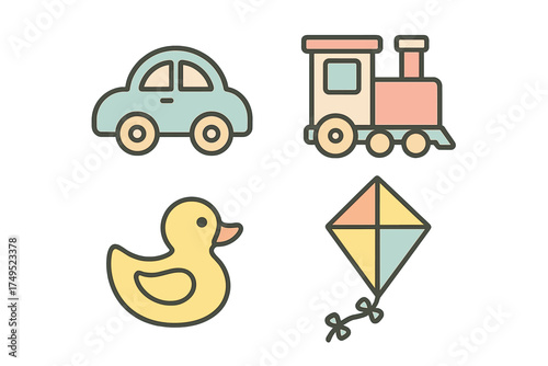 Classic children's toys set featuring a car, train, rubber duck, and kite