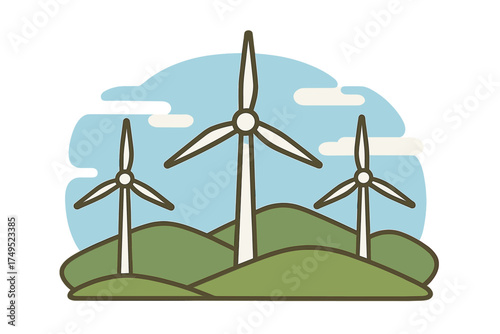 Wind power generation farm with multiple turbines on a grassy landscape providing sustainable electricity