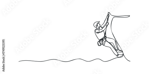 Single line drawing of a person climbing a rock face