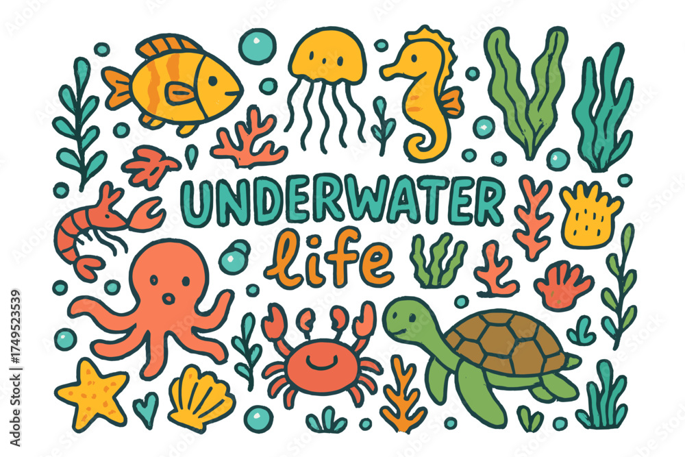 Obraz premium Vibrant Underwater Doodles. Underwater life. Hand-drawn doodle illustration of Underwater life. Fish, seahorse