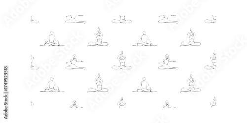 Line art figures in various yoga poses on white background