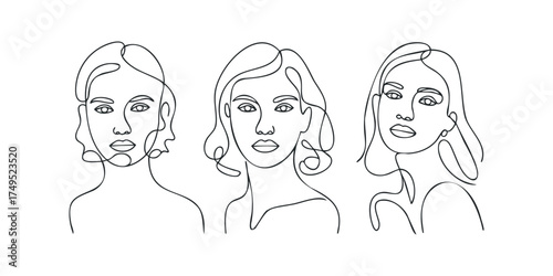 Minimalist line art portraits of three women