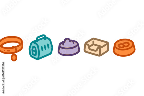Pet supplies set including collar, animal carrier, food bowl, pet bed, and treat dispenser