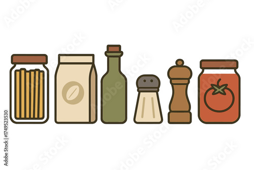 Essential kitchen pantry ingredients and cooking supplies lined up in a row