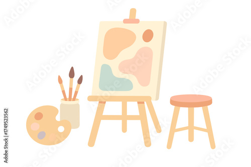 Wooden easel abstract canvas painting palette brushes and artist stool