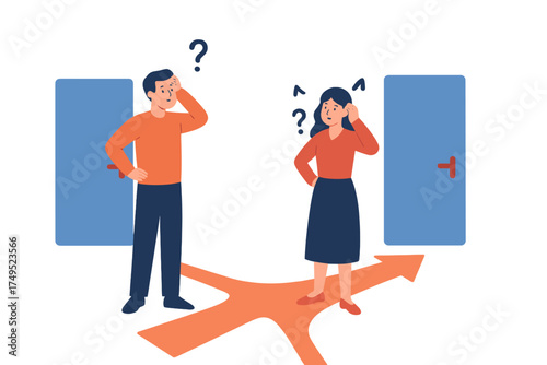 Couple facing two closed doors at a crossroads symbolizing a difficult choice or dilemma