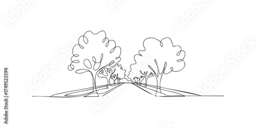 Line drawing of trees lining a path leading to horizon