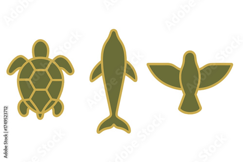 Geometric icons of marine and flying animals: turtle, dolphin, and bird, colored in olive green and gold