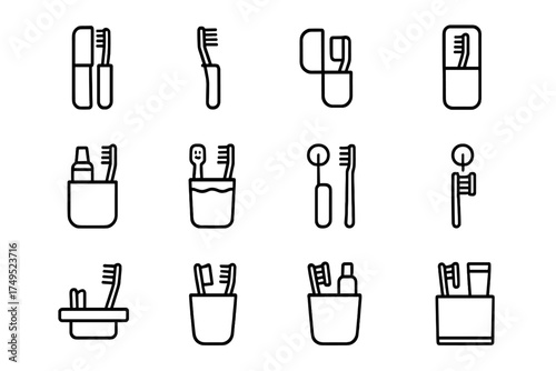Toothbrush Holder Icons. Toothbrush holder. Line outline icon set of Toothbrush holder: travel toothbrush,